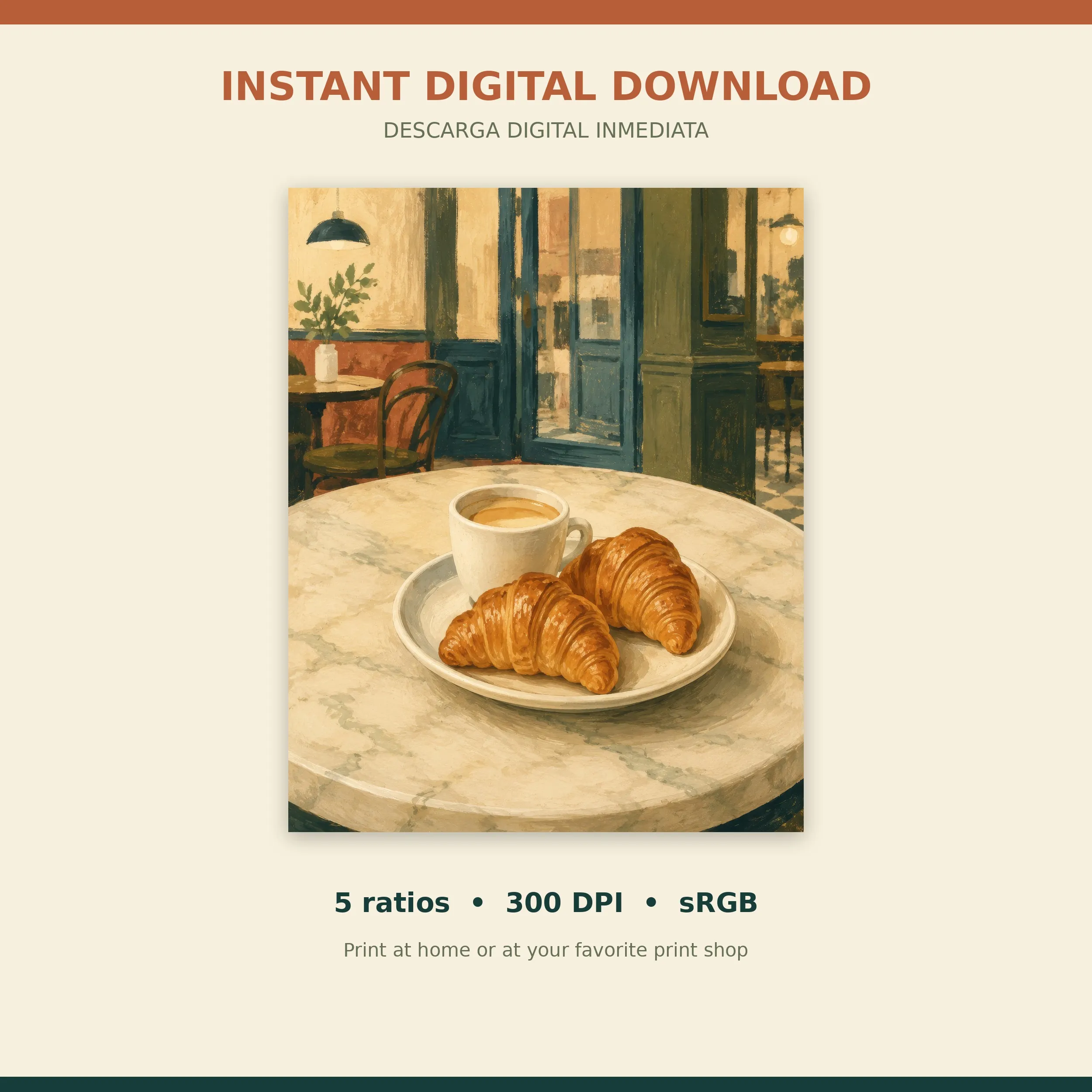 Digital download preview for Buenos Aires, Café Porteño listing five print ratios, 300 DPI and sRGB.