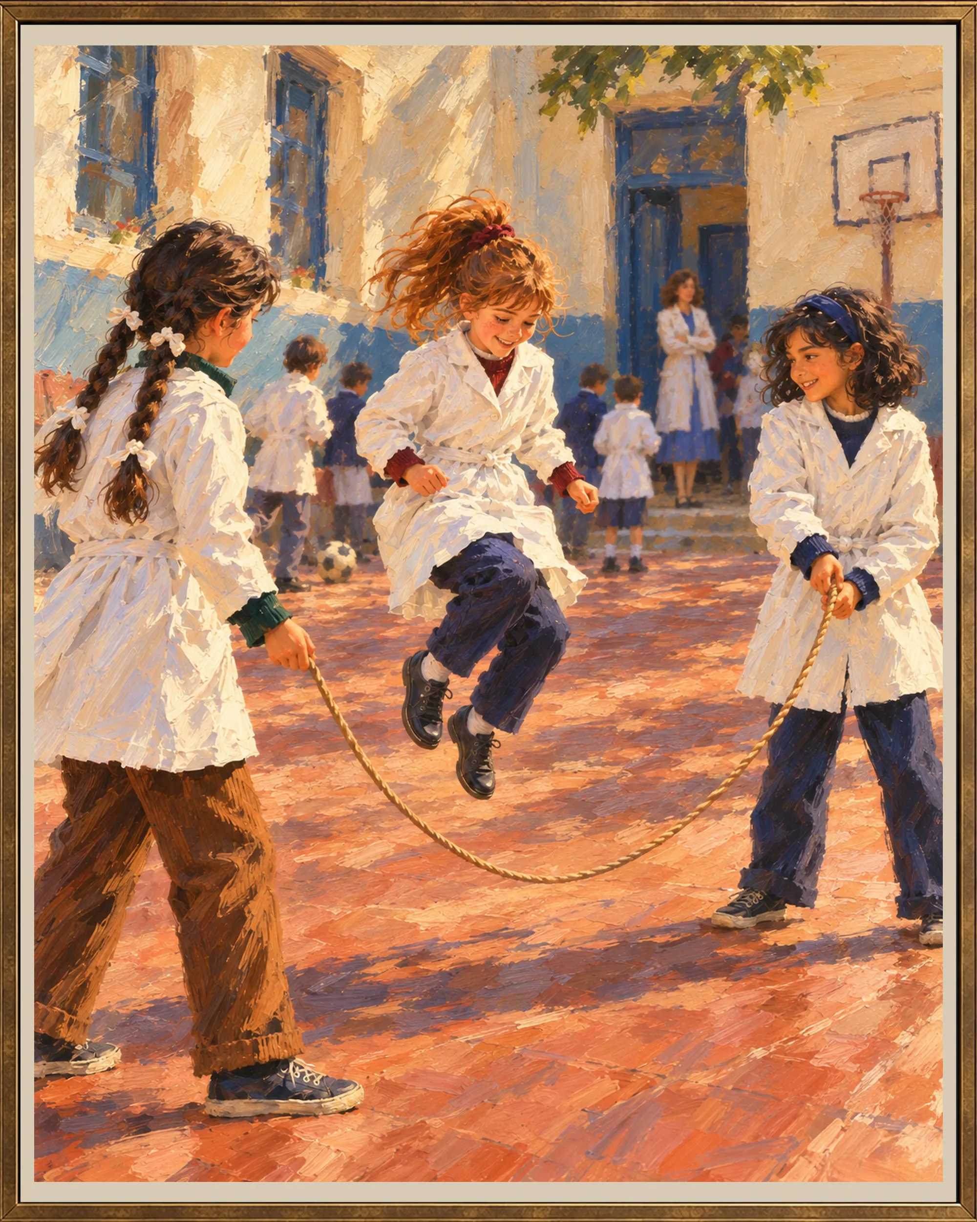 Vista cercana de la pintura: tres chicas saltando la soga durante el recreo en una escuela argentina.