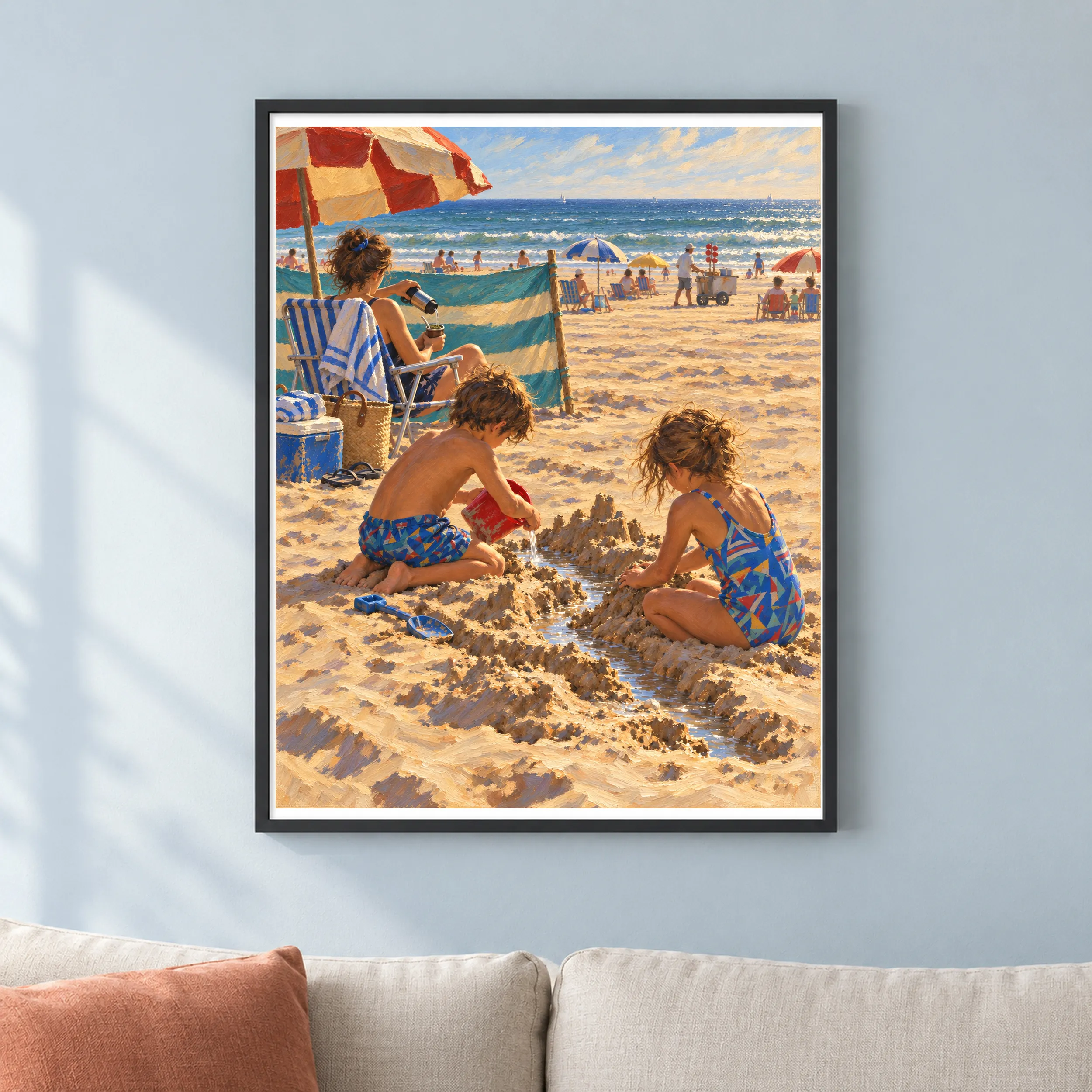 Enero junto al Mar en un ambiente contemporáneo: una escena familiar de playa argentina de los años noventa.