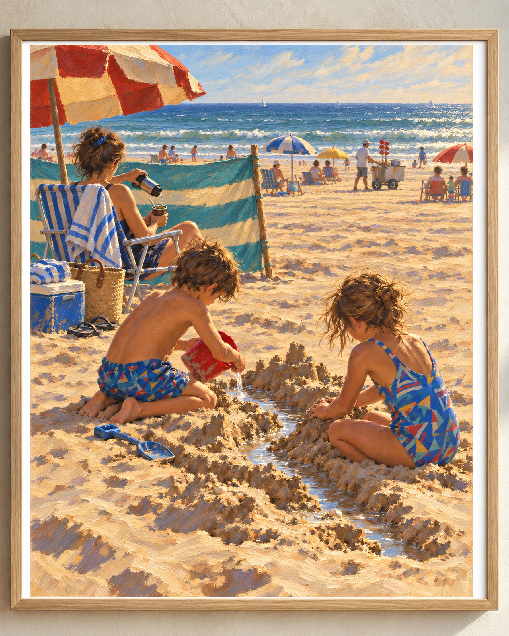 Vista cercana de la obra: hermanos jugando en la arena, un adulto cebando mate y la costa atlántica al fondo.