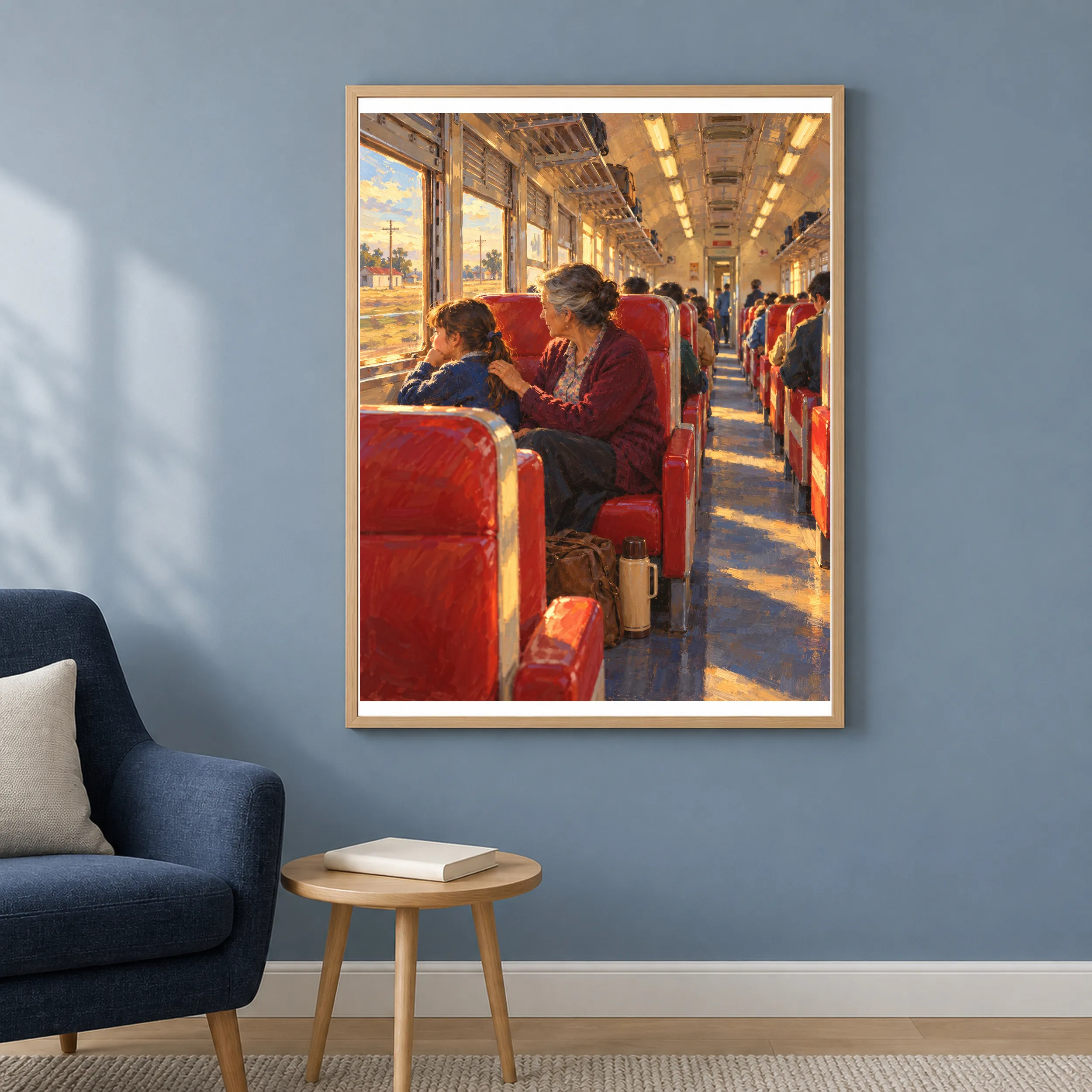 Junto a la Ventana en un ambiente contemporáneo: asientos rojos, luz cálida y un momento tranquilo entre generaciones.
