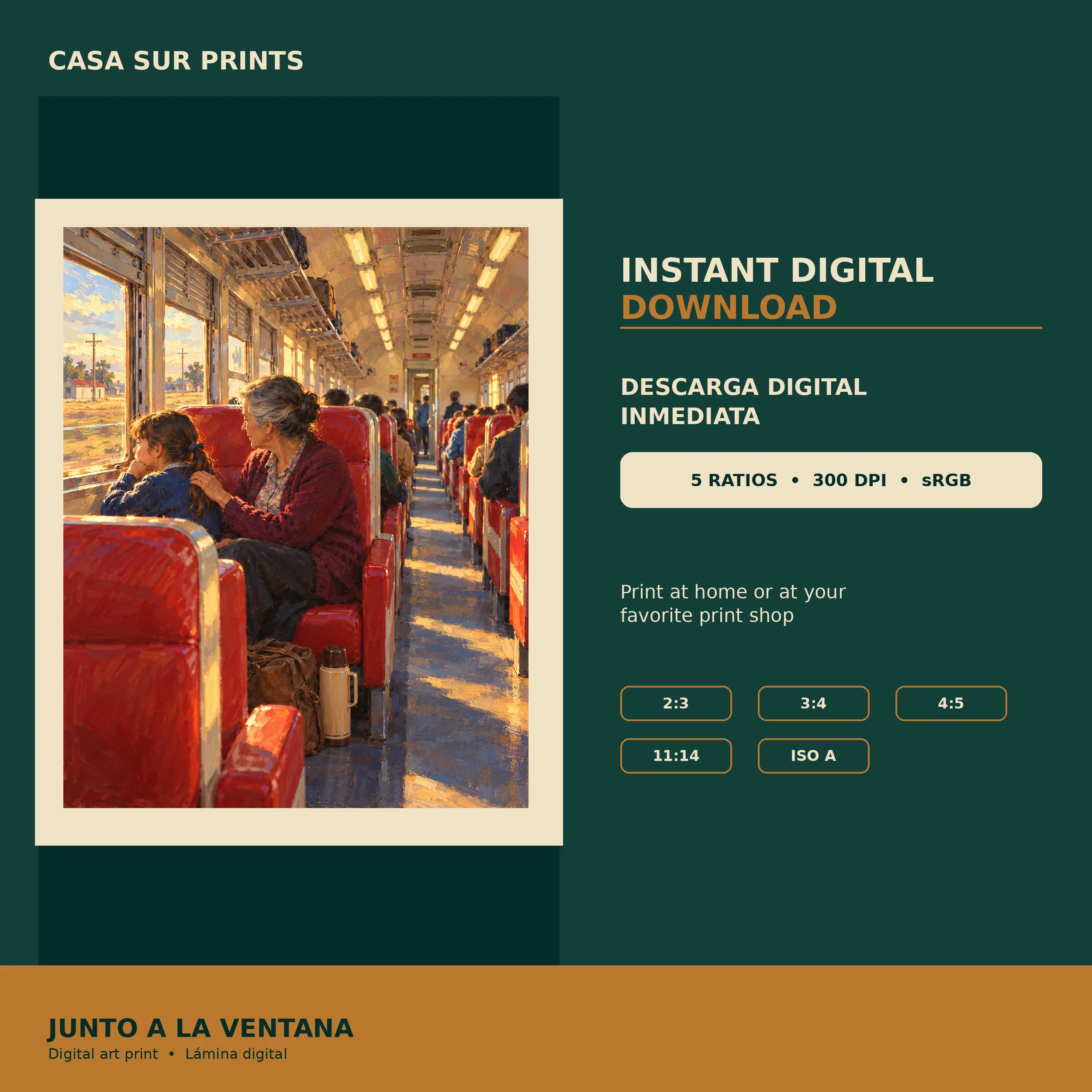 Vista previa de la descarga digital de Junto a la Ventana con cinco proporciones, 300 DPI y perfil sRGB.