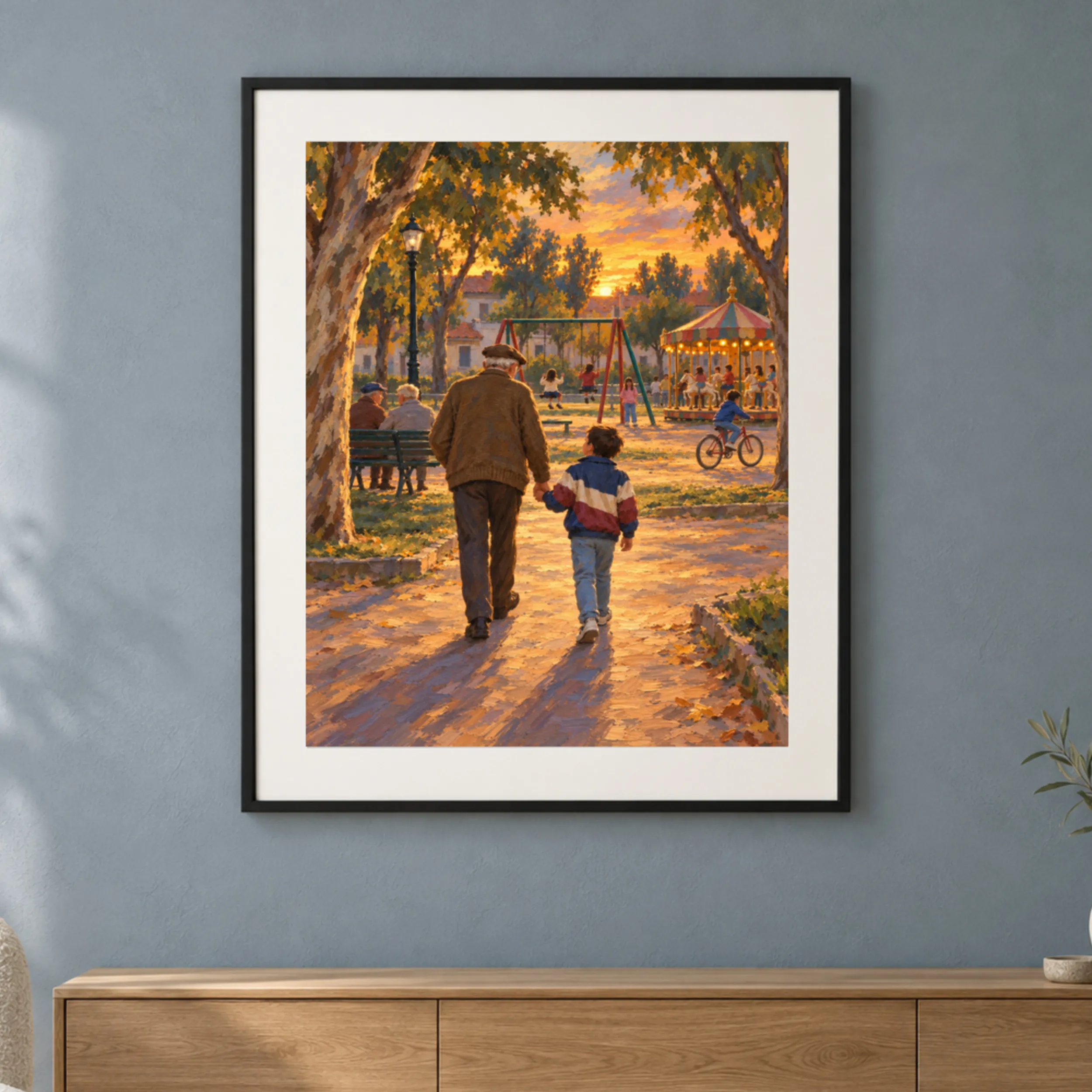Lámina enmarcada de un abuelo y un nene caminando de la mano por una plaza al atardecer en un ambiente cálido.