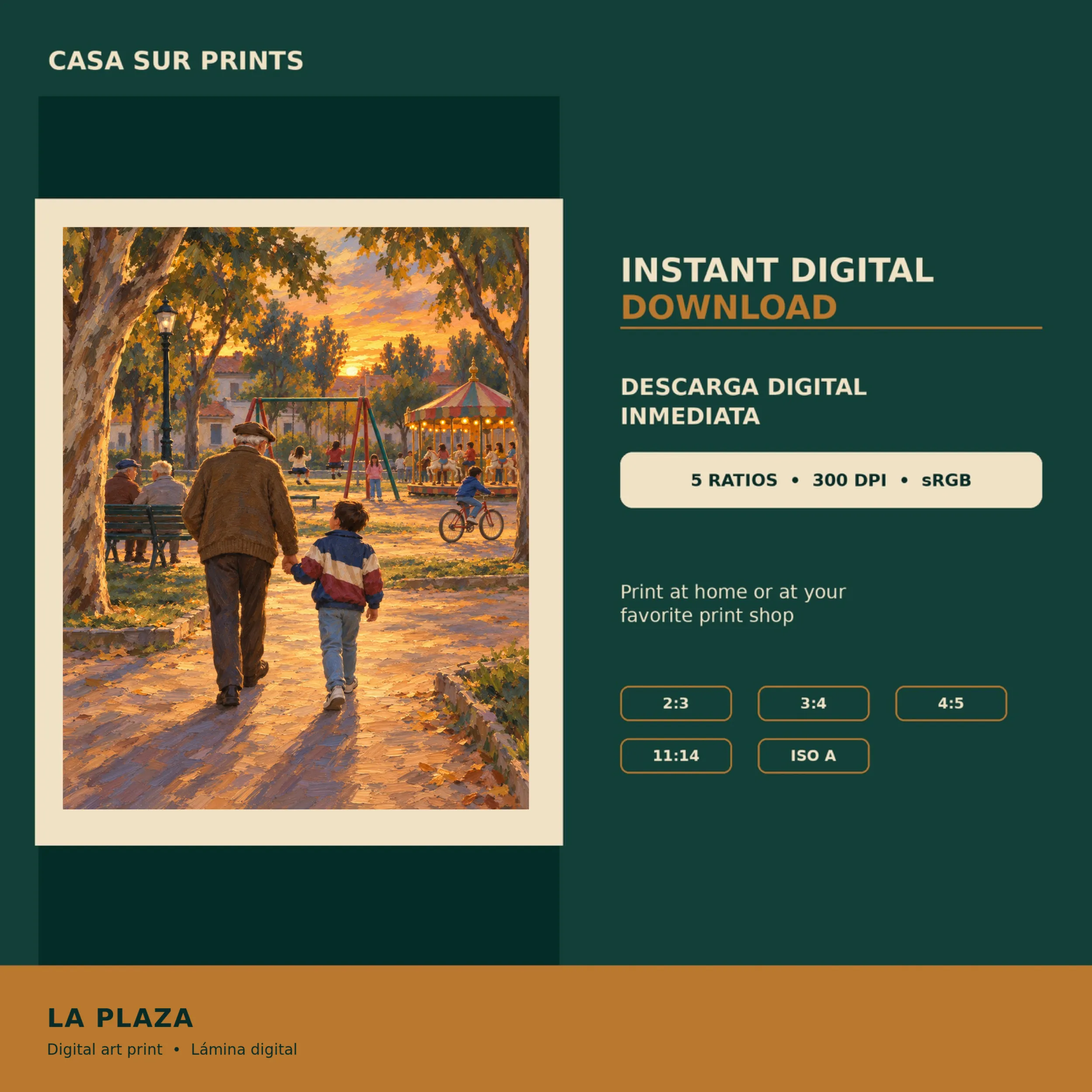 Digital download preview for La Plaza listing five print ratios, 300 DPI and sRGB.