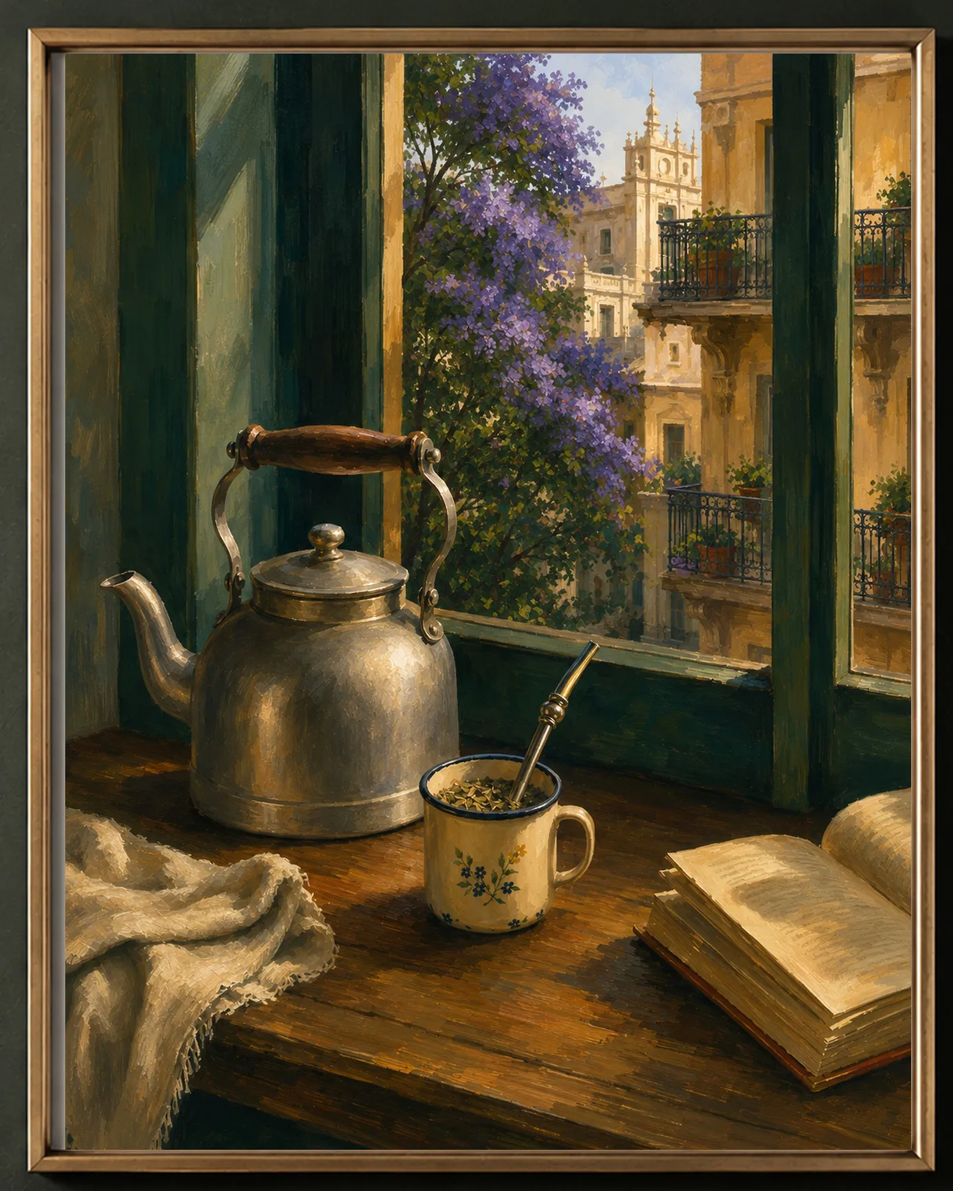 Vista cercana de la obra sobre una pared verde oscuro: la luz de la tarde sobre la pava, el mate y las páginas del libro.