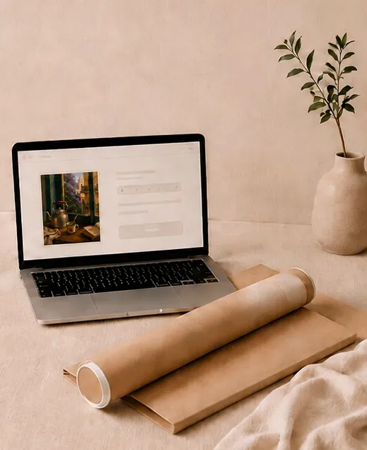 Una laptop con Mate en la Ventana en la página de pedido de un servicio de impresión online, junto a un tubo de envío de cartón.
