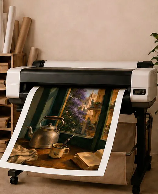 Un plotter profesional de gran formato en un taller de impresión, sacando una copia completa de Mate en la Ventana.