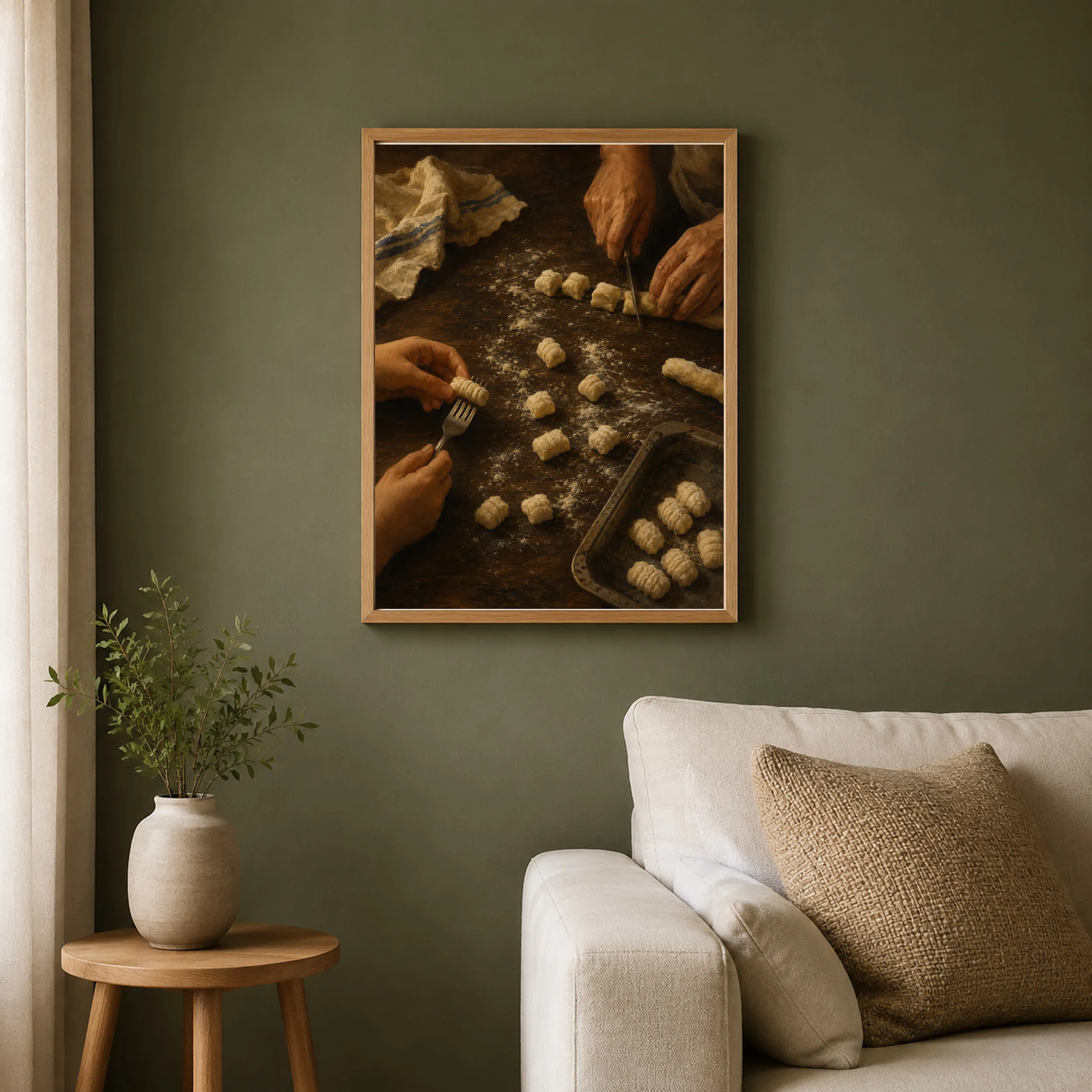 Framed Argentine kitchen artwork in a warm interior, depicting hands cutting and shaping homemade gnocchi.