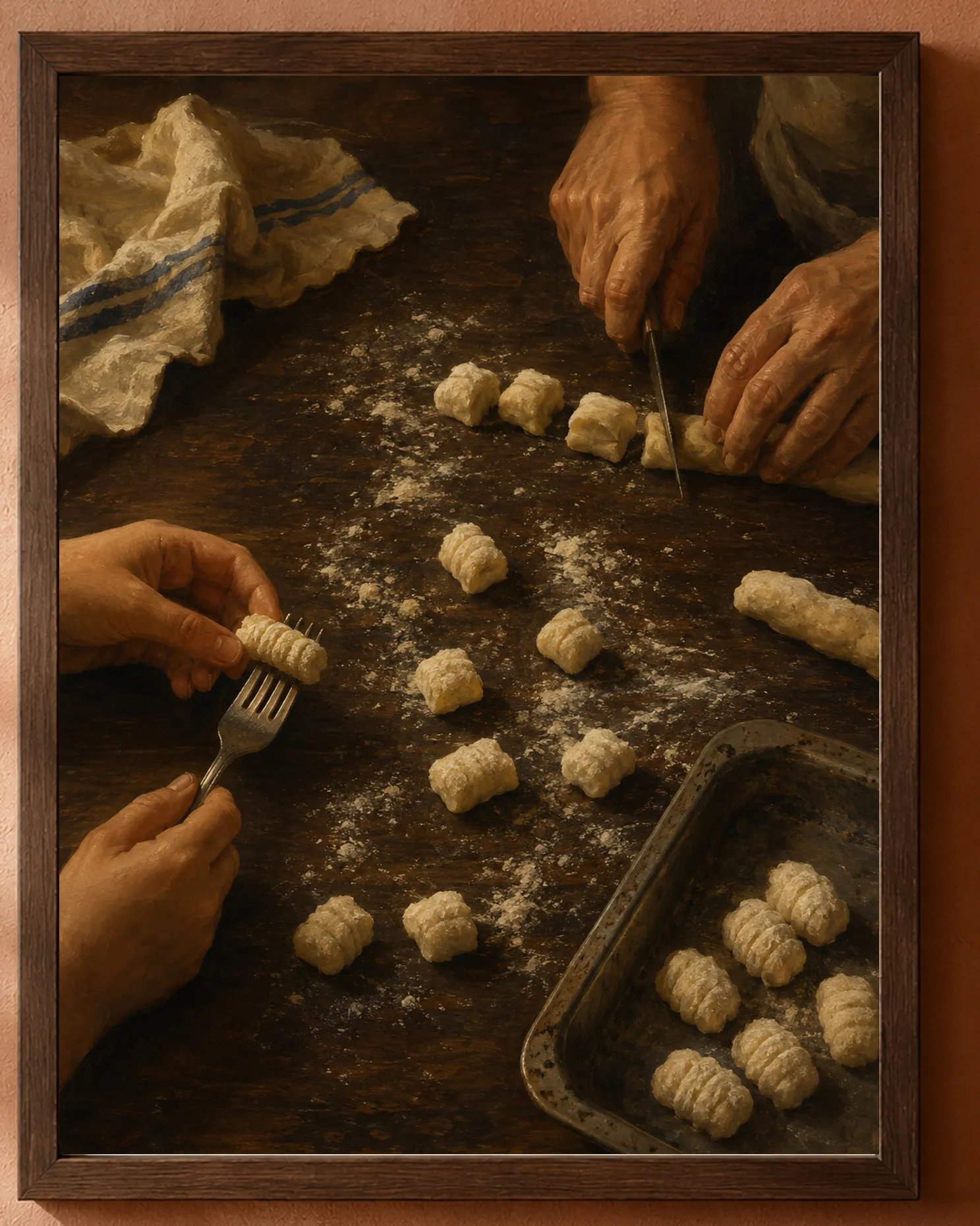 Close interior display of Ñoquis del 29, a warm painting of a family gnocchi-making ritual.