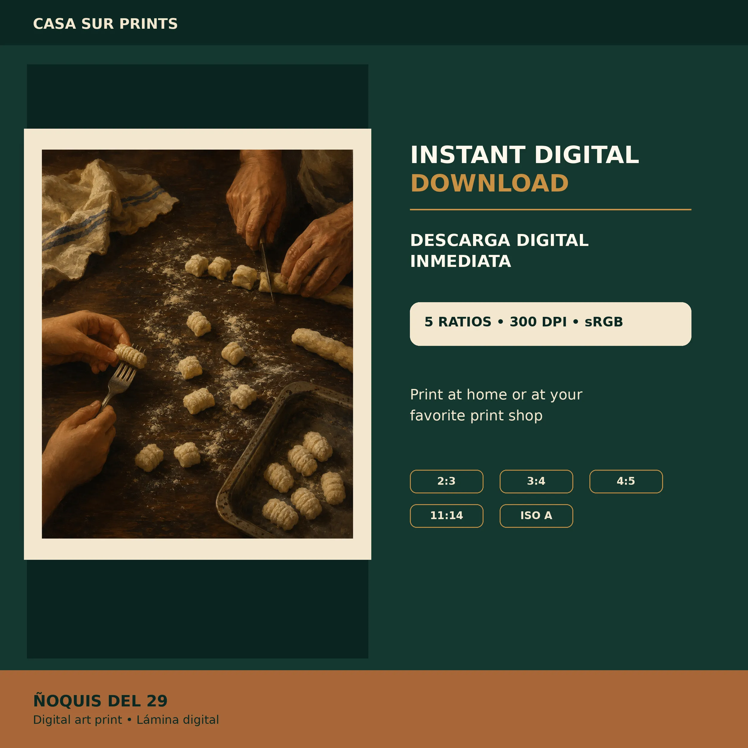 Digital download preview for Ñoquis del 29 showing five printable ratios: 2:3, 3:4, 4:5, 11:14 and ISO A.