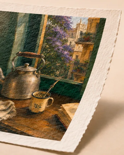 Close-up of Mate en la Ventana printed on textured fine-art paper with a deckled edge, showing the paper grain through the ink.