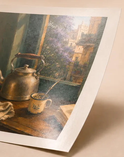 Close-up of Mate en la Ventana printed on heavyweight matte paper, the sheet gently curling with a soft, low-glare surface.