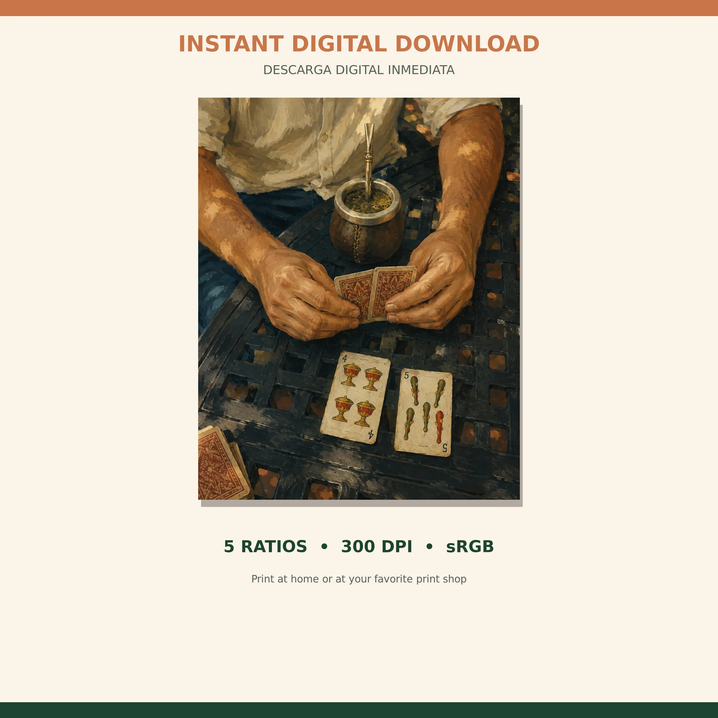 Digital download preview for Truco después de la Comida listing five print ratios, 300 DPI and sRGB.